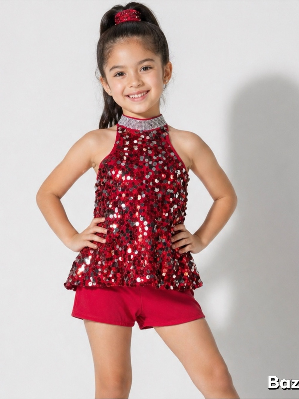Sz 7/8 Red Sequin Halter biketard dress w/shorts dance costume a wish come true
